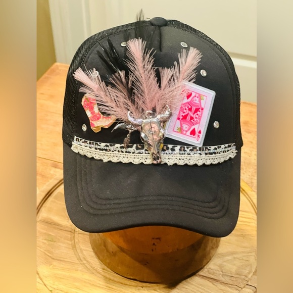 Handmade Western Boho Cowgirl Glitzy Pink, Black, & Leopard Mesh Trucker Hat - Picture 1 of 4